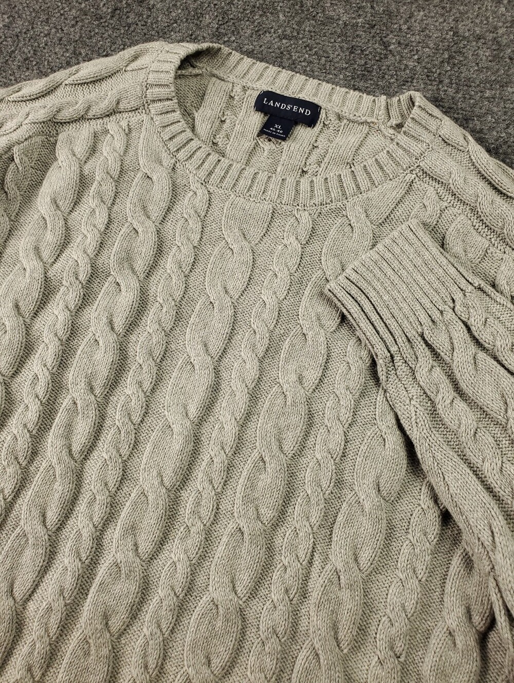 Lands End Cable Knit Sweater Mens XL Crewneck Pullover Light Gray Cotton Knit